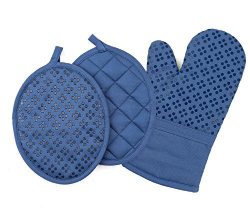 Product Cover Sticky Toffee Printed Silicone Oven Mitt and Pot Holders, 100% Cotton, 3 Piece Set, Dark Blue