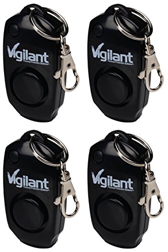 Product Cover Vigilant 130dB Personal Alarm - Backup Whistle - Button Activated with Hidden Off Button - Bag Key Chain Clip - Batteries Included, Black, 4 Pack (PPS-23BLK)