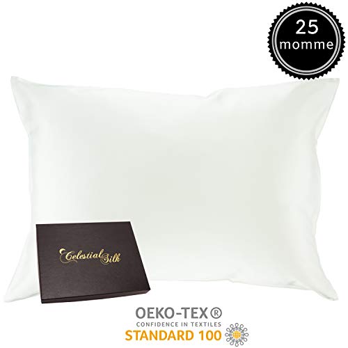 Product Cover 100% Silk Pillowcase for Hair Zippered Luxury 25 Momme Mulberry Silk Charmeuse Silk on Both Sides of Cover -Gift Wrapped- (Standard, White)