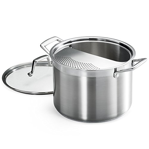 Product Cover Tramontina 80120/509DS Lock & Drain Pasta Cooker Pot with Strainer Lid, 18/8 Stainless Steel, Induction-Ready, Impact-Bonded, 8-Quart