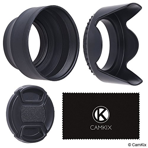 Product Cover 52mm Set of 2 Camera Lens Hoods and 1 Lens Cap - Rubber (Collapsible) + Tulip Flower - Sun Shade/Shield - Reduces Lens Flare and Glare - Blocks Excess Sunlight (52 mm, Rubber Hood + Tullip Hood + Cap)