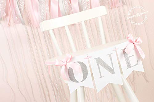 Product Cover Pink and Silver First Birthday High Chair Banner With Bows