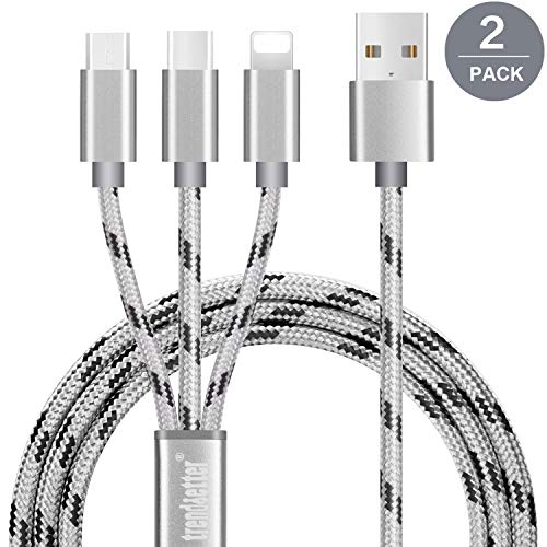 Product Cover 2 Pack Multi Charging Cable by Trendsetter 3-1 Nylon Braided Multiple USB Phone Charger Cord 3.3foot (1meter) with Micro USB / Type C Compatible with Cell Phones Tablets and More (2 pack-Silver)