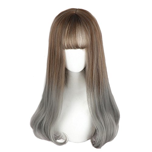 Product Cover Long Grey Ombre Wigs Bangs - Straight Lolita Wig 2 Tone Synthetic Hair For Women Cosplay, Daily and Party