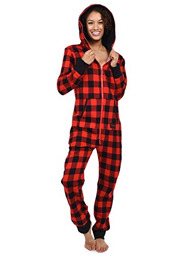 Product Cover Women's and Men's Unisex Buffalo Plaid Jumpsuit - Premium Black and Red Adult Lumberjack Onesie Pj