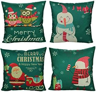 Product Cover All Smiles Christmas Decorations Throw Pillow Covers 18x18 Set of 4 Decorative Cushion Cases Xmas Winter Holiday Decora Pillowcase Outdoor for Couch Sofa,Green & Red Snowman Santa Owl