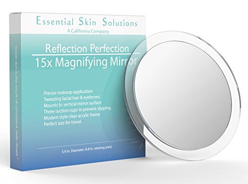 Product Cover 15X Magnifying Mirror - Use for Makeup Application - Tweezing - and Blackhead/Blemish Removal - 6 Inch Round Mirror with Three Suction Cups for Easy Mounting