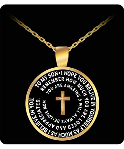 Product Cover Son Gift From Mom - Cross Necklace - Inspirational Pendant From Mother - Gold Chain Charm