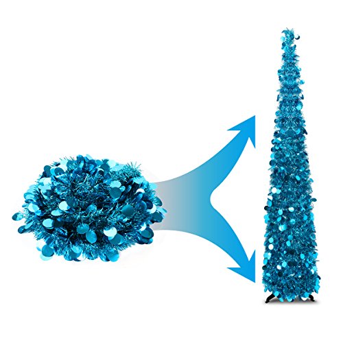 Product Cover Joy&Leo 5 Foot Blue Sequin Pop Up Tinsel Christmas Tree, Easy to Assemble and Store, for Small Spaces Apartment Fireplace Party Home Office Store Classroom Xmas Decorations