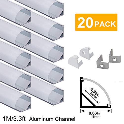 Product Cover hunhun 20-Pack 3.3ft/1Meter V Shape LED Aluminum Channel System with Milky Cover, End Caps and Mounting Clips, Aluminum Profile for LED Strip Light Installations, Very Easy Installation