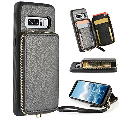 Product Cover ZVE Samsung Galaxy Note 8 Wallet case, 6.3 inch, Leather Wallet Case with Credit Card Holder Slot Zipper Wallet Pocket Purse Handbag Wrist Strap Protective Cover for Samsung Galaxy Note 8 - Black