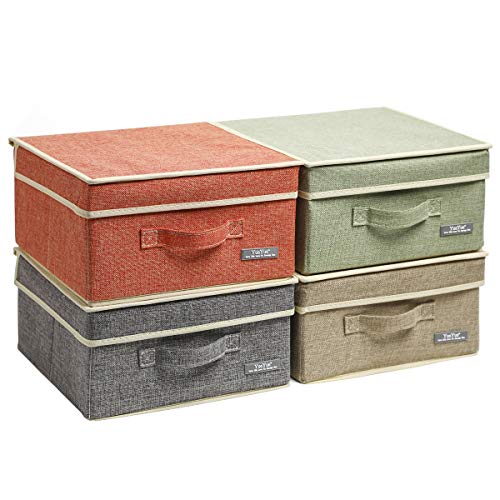 Product Cover 4 Pack Fabric Storage Box With Lids Linen Storage Container Foldable Box Clothes Basket Toys Cube Toys Containers 4 Color Set Medium Size (12.4in12in6.7in)4