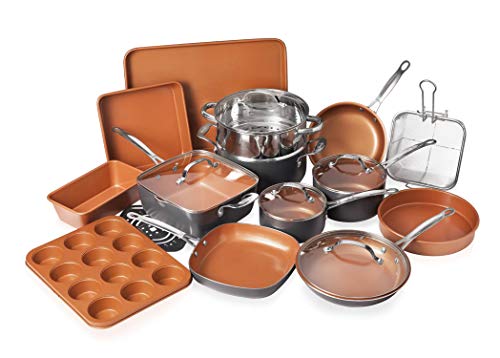 Product Cover Gotham Steel 20 Piece All in One Kitchen Cookware + Bakeware Set with Nonstick Durable Ceramic Copper Coating - Includes Skillets, Stock Pots, Deep Square Fry Basket, Cookie Sheet and Baking Pans