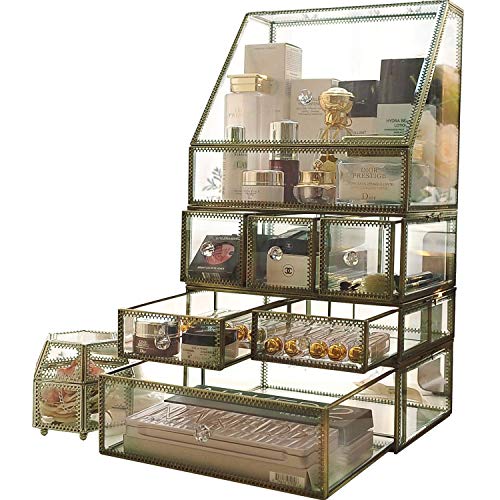 Product Cover Vintage Mirrorred Glass Makeup Organizer/Beauty Display/Palette Holder/Perfume Storage/Bathroom Countertop Organizer,Spacious Dustproof for Vanity/Desk/Lipstick/Skincare/Brushes