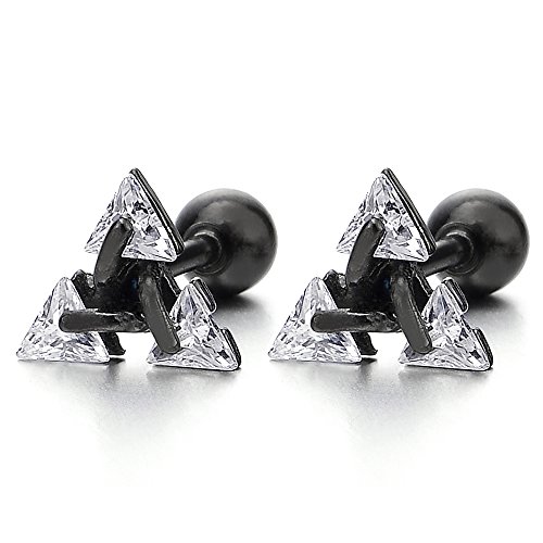 Product Cover Black Stainless Steel Triangle Cubic Zirconia Stud Earrings for Men Women, Screw Back Post, 2pcs