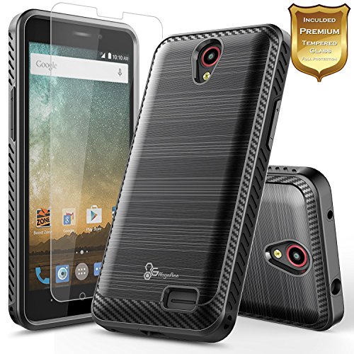 Product Cover NageBee [Carbon Fiber Brushed] [Dual Layer] Protector Hybrid Case w/[Tempered Glass Screen Protector] Compatible with ZTE Maven 3/ Overture 3/ Prelude Plus (4G LTE)/ Prestige 2/ Sonata 3 -Black