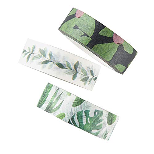 Product Cover Washi Tape Set, Green Leaves Decorative DIY Adhesive Paper Masking Tapes, writable, Sticky, 3 Rolls
