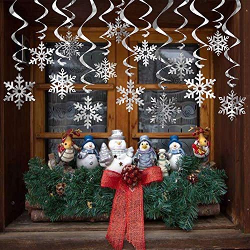 Product Cover FRIDAY NIGHT 35PCS Frozen Theme Party Christmas Snowflake Silver 3-D Snowflake Hanging Swirls for Christmas New Year Decoration , Suitable for Party & Home Decor