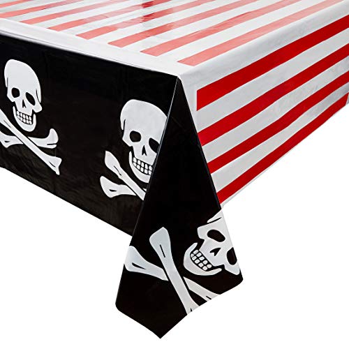 Product Cover Juvale 3-Pack Pirate Skull and Crossbones Plastic Tablecloths - Table Covers for Kids Birthday Party Supplies and Decorations, 54 x 108 inches