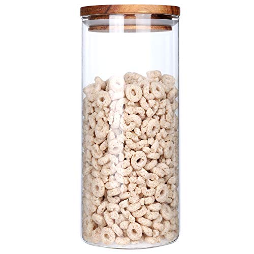 Product Cover KKC Borosilicate Glass Canister with Airtight Lid,Cereal and Overnight Oats Container Jar, Glass Nuts Storage Container,Tall Candy Jar with Wood Lid,Wooden Lid Jar,Sealed Glass Cannister,47 Floz
