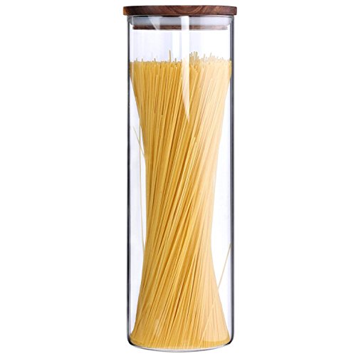 Product Cover KKC Home Accents Tall Clear Glass Food Storage with Airtight Wood Lids,Kitchen, Spaghetti Pasta Jar,Flour Cereal Sugar Container Tea Coffee Canister,BPA Free,63oz,1-Piece, 63floz