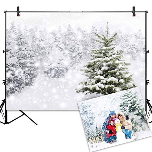 Product Cover Allenjoy 7x5ft Thin Vinyl Christmas Backdrop Green Pine Tree Standing Out of The Snow Covered Forest Bokeh Backgound for Photography Or Decoration