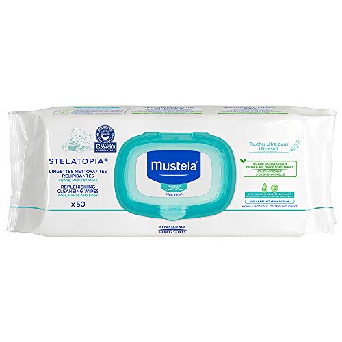 Product Cover Mustela Stelatopia Replenishing Cleansing Wipes, Unscented Baby Wipes for Eczema Prone Skin, Gentle, Ultra Soft and Tear Resistant, with Natural Avocado Perseose, (50 Count)