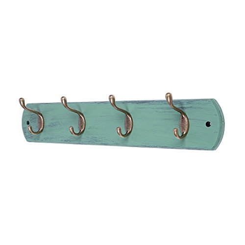 Product Cover DOKEHOM 4-Antique Brass Hooks -(Available 4 and 6 Hooks)- on Natural Pine Wooden Coat Rack Hanger, Mail Box Packing (Mediterranean Blue)