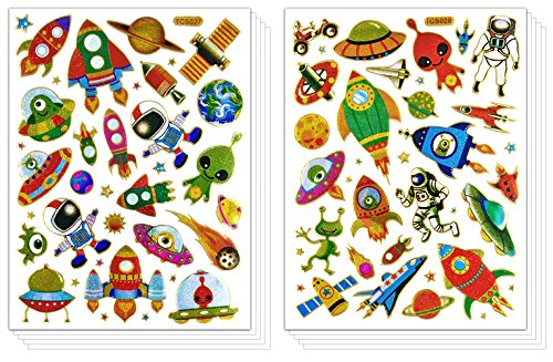 Product Cover SPACE - 10 Sheets Space Self-adhesive Glitter Metallic Foil Reflective Sticker Decorative Scrapbook for Kid, Party, Photo, Card, Diary, Album (Astronaut, Alien, UFO, Saturn, Satellite, Meteor, Earth)