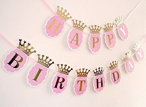 Product Cover Soccerene Happy Birthday Banner for Girls. Pink Scallops, Gold Foil Crown & Letters, Fast Amazon Logistics and 100% Refund Service