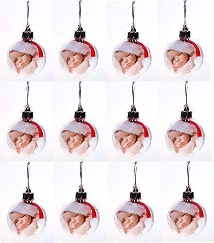 Product Cover Creative Hobbies Clear Acrylic Photo Ornament Christmas Ball, 80mm (3.15 Inch), with Silver Cap, Hanger Cord, Photo Template - Pack of 12