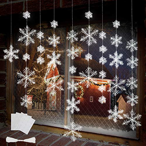 Product Cover BTNOW 63 Pieces 4 Sizes White Christmas Snowflake Decorations Snowflake Ornaments Garland, 8 Meters White Strings and 60 Pieces Round Double Side Tape for Home Christmas Holiday Party Decorations