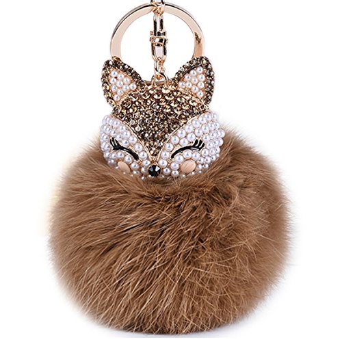 Product Cover Boseen Genuine Rabbit Fur Ball Pom Pom Keychain with A Fashion Alloy Fox Head Studded with Synthetic Diamonds(Rhinestone) for Womens Bag Cellphone Car Charm Pendant Decoration(Brown)
