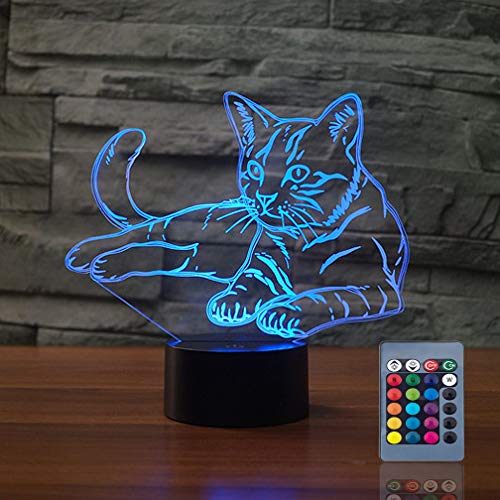 Product Cover Christmas Gift Pet Cat 3D Illusion Birthday Present Beside Table Lamp, Gawell 16 Colors Changing Touch Switch Decoration Night Lamp with Remote Control Cat Lover Theme Toy