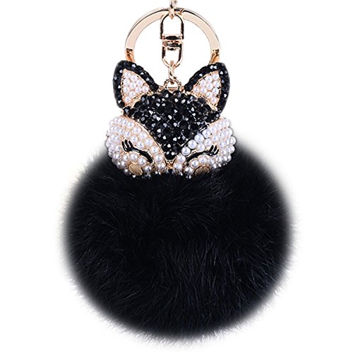Product Cover Boseen Genuine Rabbit Fur Ball Pom Pom Keychain with A Fashion Alloy Fox Head Studded with Synthetic Diamonds(Rhinestone) for Womens Bag Cellphone Car Charm Pendant Decoration(Black Style 2)