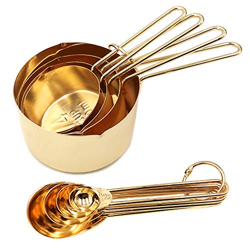 Product Cover Homestia Stainless Steel Measuring Cups and Spoons Set of 8 Pcs Baking Cooking Utensils with Measurement for Dry and Liquid Ingredients, Gold