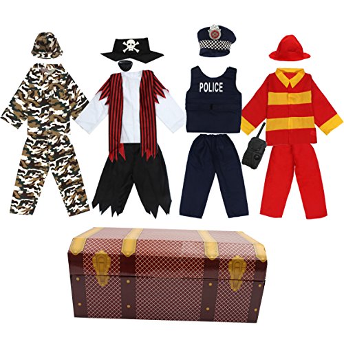 Product Cover Toiijoy Boys Dress up Trunk 15Pcs Role Play Costume Set-Pirate,Policeman,Soldier,Firefighter Costume for Kids Age 3-6yrs Black