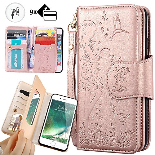 Product Cover iphone 8 Plus Purse Case,iphone 7 Plus Wallet Case,Auker Trifold 9 Card Holder Vintage Book Leather Folio Flip Magnetic Protective Wallet Case with Mirror&Cash Pocket for iphone 7 Plus/8Plus Rose Gold