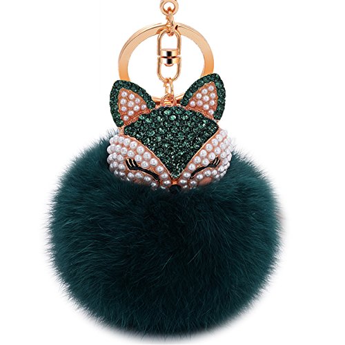 Product Cover Boseen Genuine Rabbit Fur Ball Pom Pom Keychain with A fashion Alloy Fox Head Studded with Synthetic Diamonds(Rhinestone) for Womens Bag Cellphone Car Charm Pendant Decoration(Dark Green Style 2)