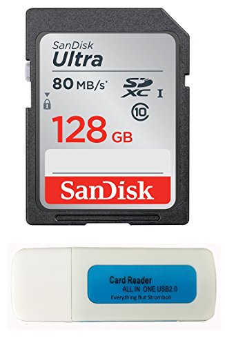 Product Cover Canon EOS Rebel T5 Memory Card SanDisk 128GB SD Ultra SDXC Memory Card 80mb/s with Everything But Stromboli Memory Card Reader SDSDUNC-0128G-GN6IN