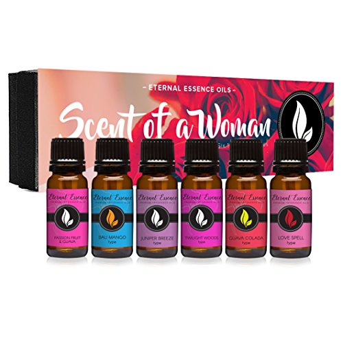 Product Cover Scent of A Woman Gift Set of 6 Premium Fragrance Oils - Guava Colada Type, Twilight Woods Type, Bali Mango Type, Passion Fruit & Guava, Juniper Breeze Type, Love Spell Type - Eternal Essence Oils