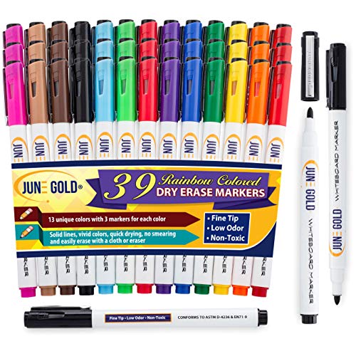 Product Cover June Gold 39 Assorted Colored Dry Erase Whiteboard Markers, 13 Unique Colors, Fine/Bullet Tip, Slim Barrel, Low Odor & Vivid Lines