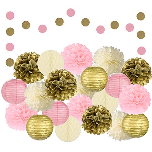 Product Cover EpiqueOne 22 Pcs Mixed Pink, Gold & Ivory Party Decorations By Epique Occasions-Set Of Hanging Tissue Paper Flower Pom Poms, Lanterns & Honeycomb Balls For Girl Birthday Wedding & Party Décor Supplies