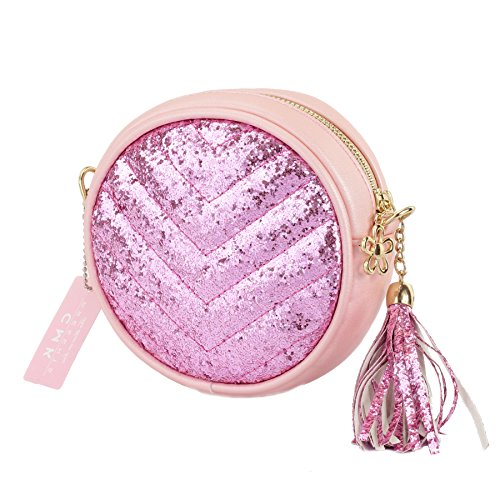 Product Cover CMK Trendy Kids Girls' Round Purse with Tassel Small Handbag Princess Crossbody Fringe Bag Kids Shoulder Purse (82002_glitter pink)