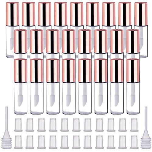 Product Cover Pangda 25 Pack 1.2 mL Empty Lip Gloss Tubes Containers, Clear Mini Refillable Lip Balm Bottles with Rubber Inserts and Transfer Pipettes for Lip Samples Travel Split Charging DIY Makeup (Rose Gold)