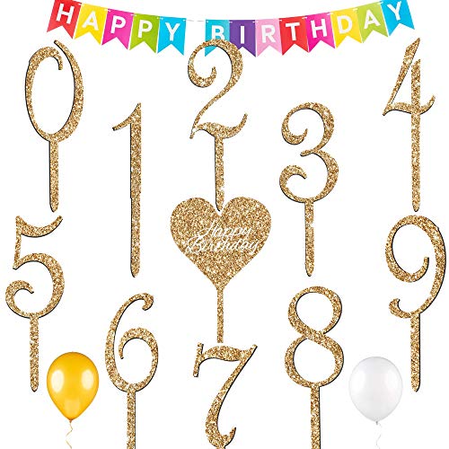Product Cover Happy Birthday Cake Topper Numbers - Set of 10 Large 0-9 Numbers for Your 16th, 18th, 21st, 30th, 40th, 50th, 60th or Any Other Celebration - Gold Glitter Party Decoration - Pre-Strung Bday Banner