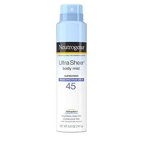 Product Cover Neutrogena Ultra Sheer Body Mist Sunscreen Spray Broad Spectrum SPF 45, Lightweight, Non-Greasy & Water Resistant, Oil-Free & Non-Comedogenic Sunscreen Mist, 5 oz (Pack of 3)