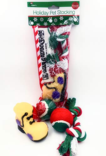 Product Cover Christmas Stocking for Dogs. Pack of Squeaky newspaper toy, squeaky boot toy, a red, green and white tennis ball and a red, white and green cotton knotted rope.