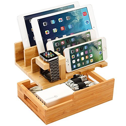 Product Cover Charging Station for Multiple Devices Wood Dock Organizer Charging Station for Apple Watch, iPhone, iPad, Universal Mobile Phones and Tablets, Compatible with Anker RAVpower 4/5/6-Port USB Chagrer