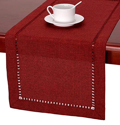 Product Cover Grelucgo Handmade Hemstitched Polyester Rectangle Table Runners and Dresser Scarves, Cranberry 14x132 inch